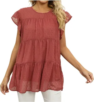 Womens Short Sleeve Ruffle Sleeve T Shirts Crewneck Plain Basic Tees Girls Trendy Casual Dressy Summer Tops