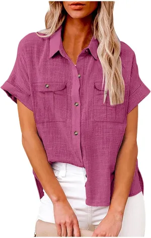 Womens Short Sleeve Tops Button Down V Neck Shirts Casual Trendy Going Out Basic Tees Womens Summer Tops