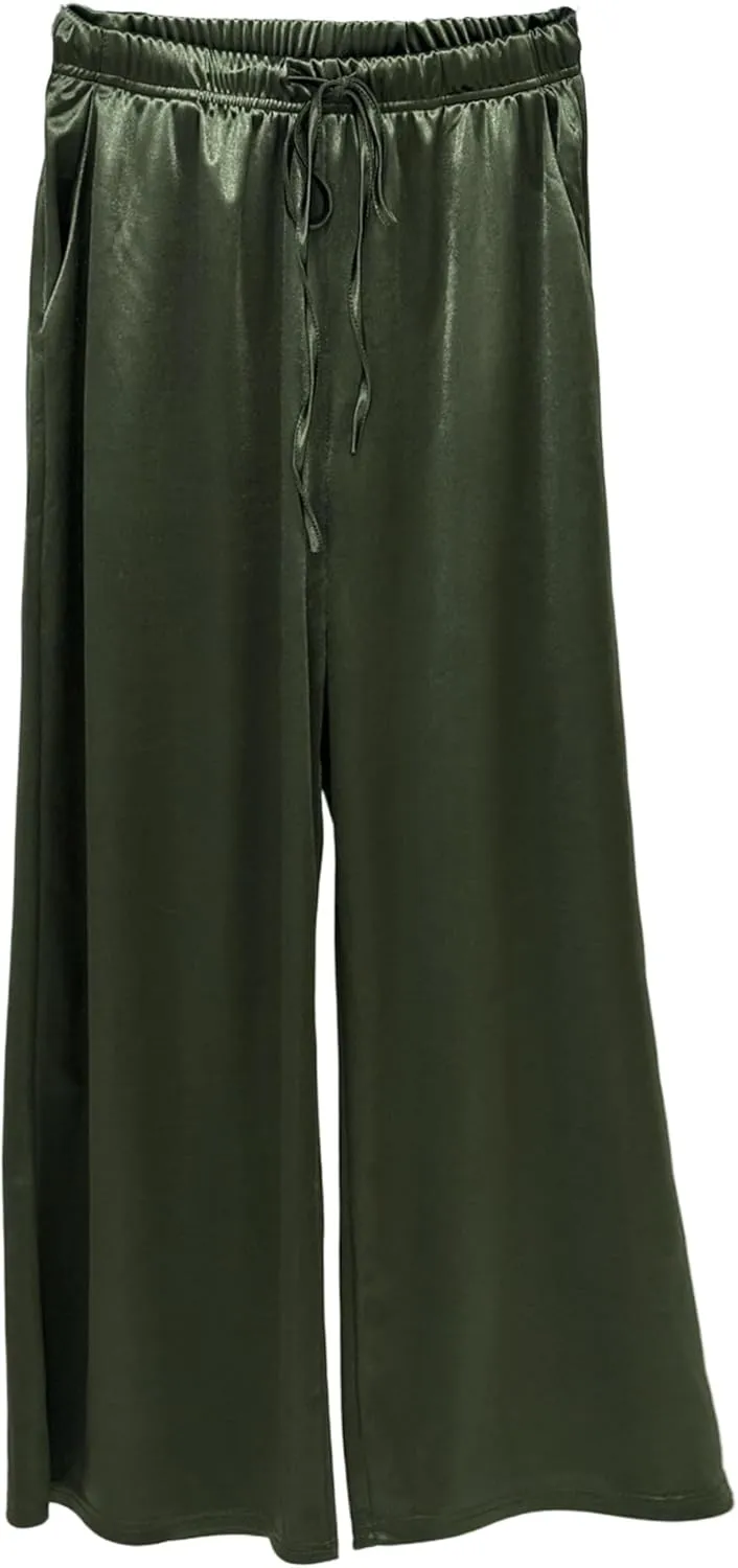 Women's Silk Wide Leg Pants, Loose Comfortable Straight Leg Casual Trousers, High Waist Elastic Waistband Long Pants