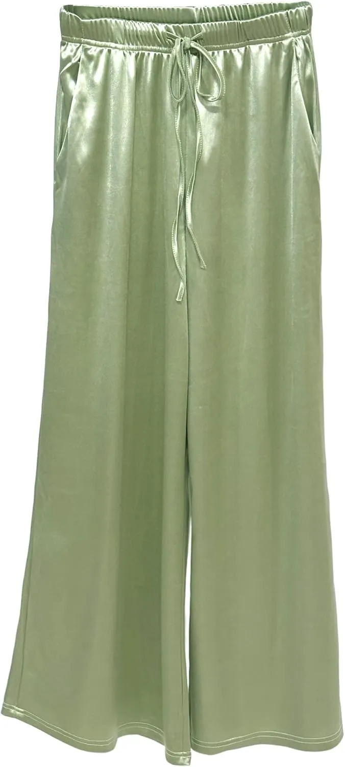Women's Silk Wide Leg Pants, Loose Comfortable Straight Leg Casual Trousers, High Waist Elastic Waistband Long Pants