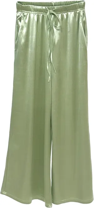 Women's Silk Wide Leg Pants, Loose Comfortable Straight Leg Casual Trousers, High Waist Elastic Waistband Long Pants