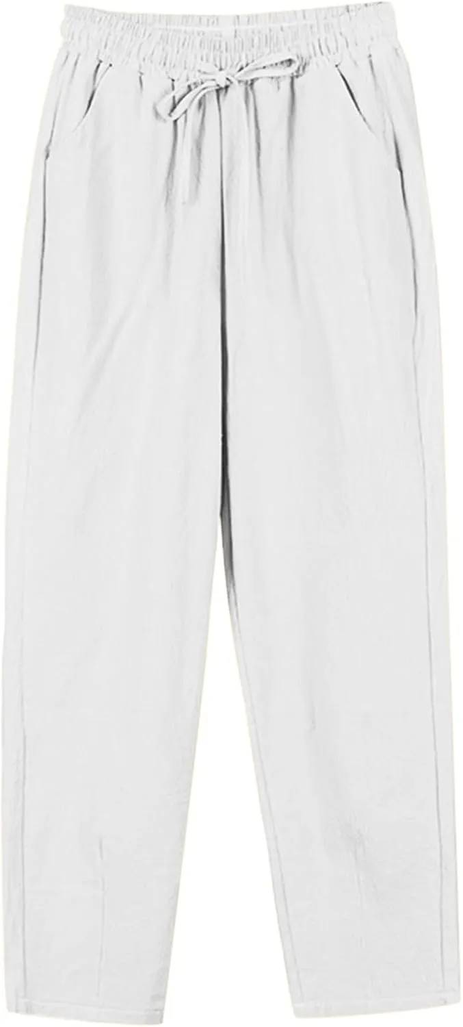 Womens Summer Linen Pants Comfortable Palazzo Pants Flowy Wide Leg Pant Lightweight Cotton Gauze Pant with Pockets