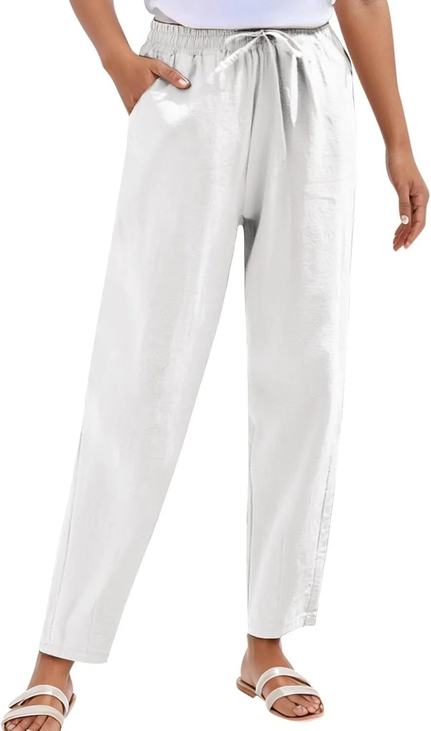 Womens Summer Linen Pants Comfortable Palazzo Pants Flowy Wide Leg Pant Lightweight Cotton Gauze Pant with Pockets
