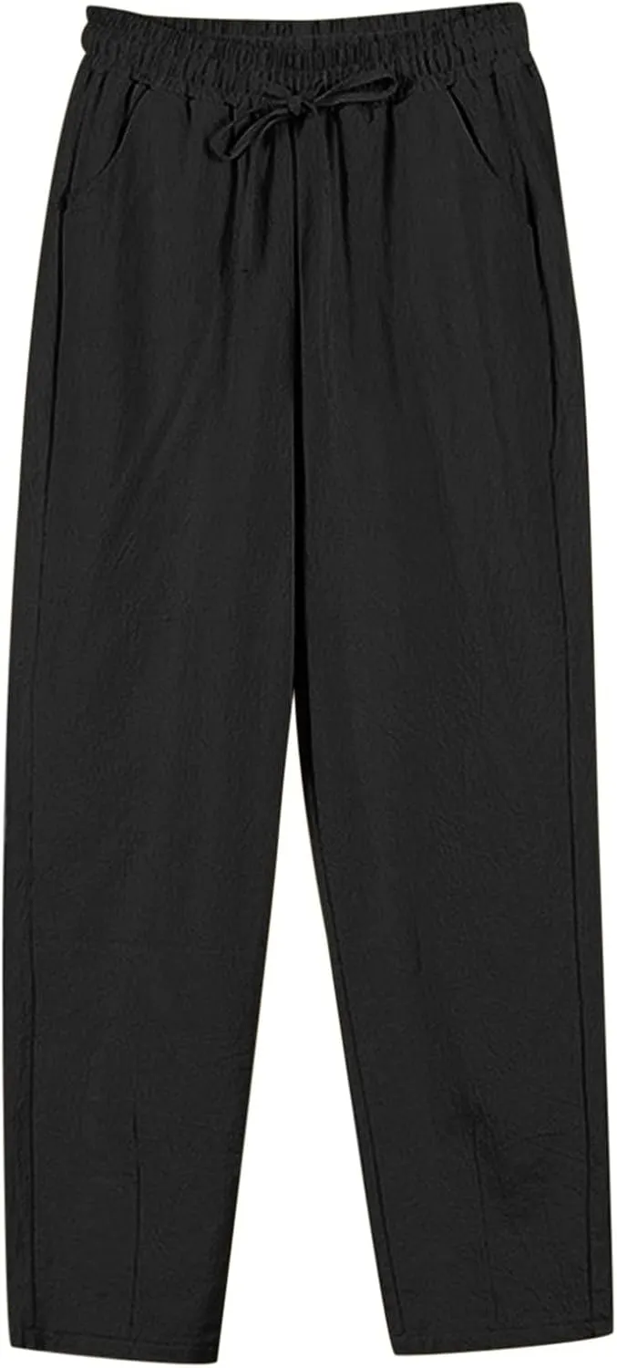 Womens Summer Linen Pants Comfortable Palazzo Pants Flowy Wide Leg Pant Lightweight Cotton Gauze Pant with Pockets
