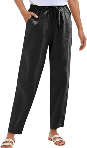 Womens Summer Linen Pants Comfortable Palazzo Pants Flowy Wide Leg Pant Lightweight Cotton Gauze Pant with Pockets