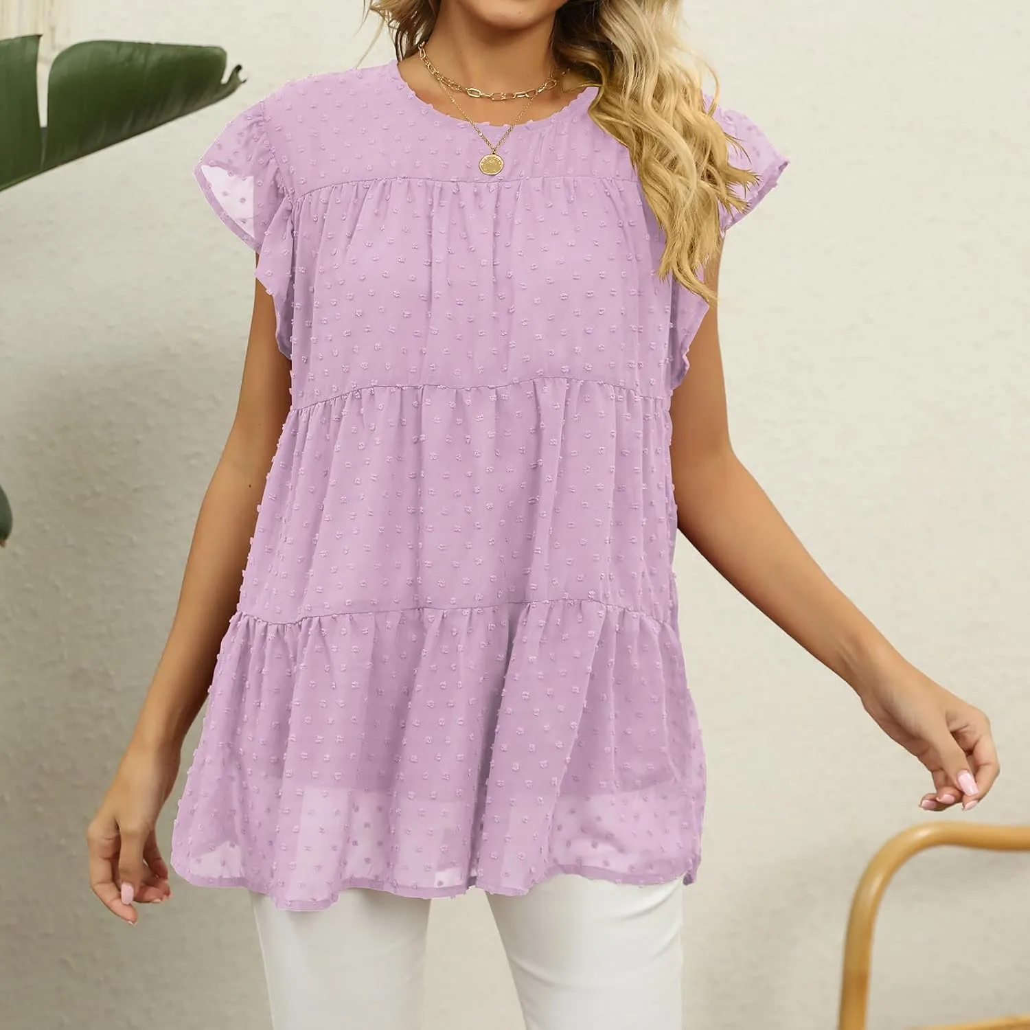 Womens Summer Tops Ruffle Sleeve T Shirts Crewneck Short Sleeve Plain Basic Tees Ladies Trendy Casual Dressy
