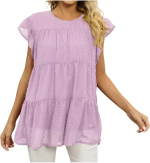 Womens Summer Tops Ruffle Sleeve T Shirts Crewneck Short Sleeve Plain Basic Tees Ladies Trendy Casual Dressy