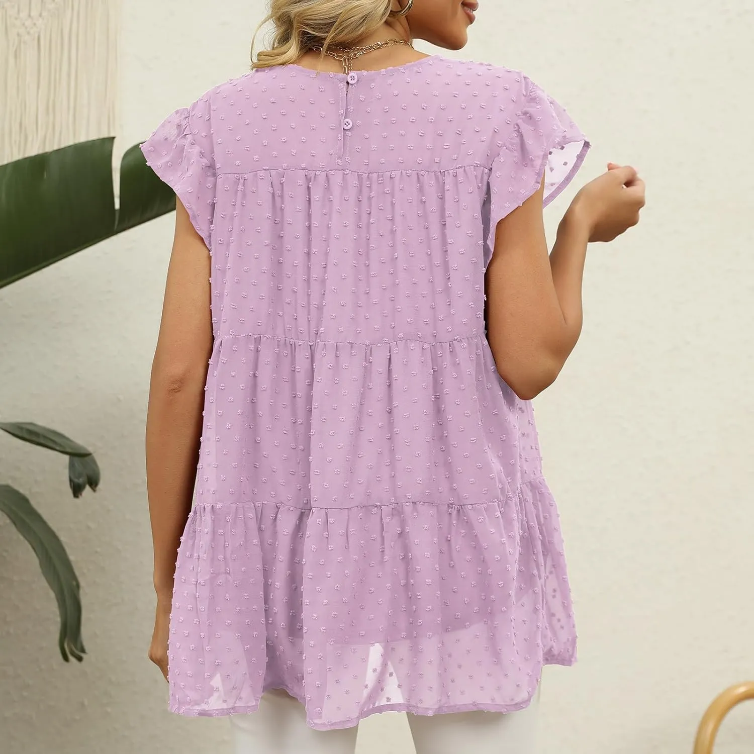 Womens Summer Tops Ruffle Sleeve T Shirts Crewneck Short Sleeve Plain Basic Tees Ladies Trendy Casual Dressy