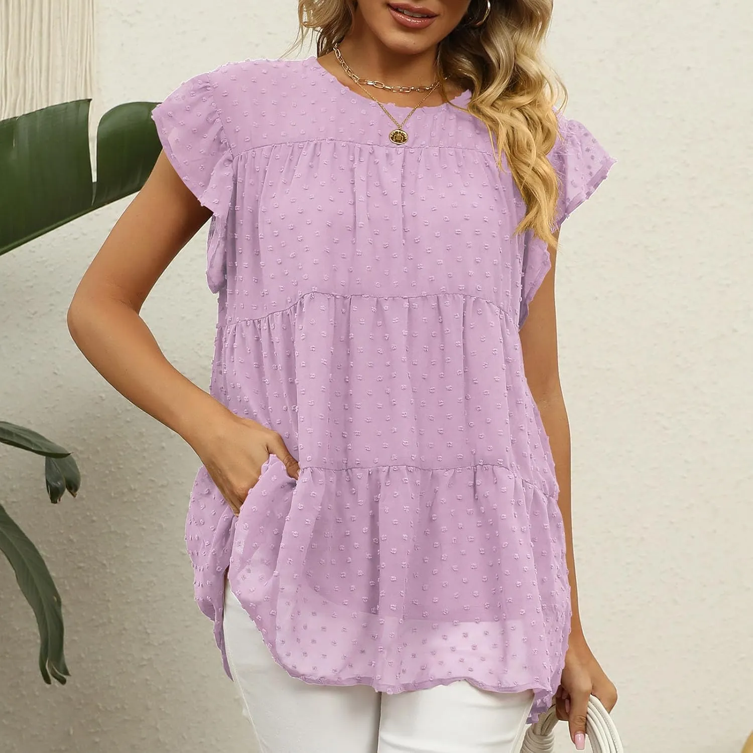 Womens Summer Tops Ruffle Sleeve T Shirts Crewneck Short Sleeve Plain Basic Tees Ladies Trendy Casual Dressy