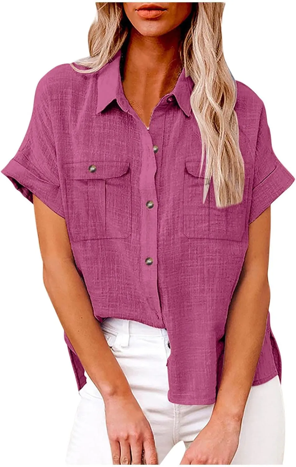 Womens Summer Tops V Neck Button Down Shirts Casual Trendy Business Basic Tees Ladies Daily Going Out Blouses