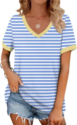 Womens Tops Short Sleeve Striped V Neck T Shirts Loose Fit Casual Basic Tees 2024 Daily Trendy Summer Tops
