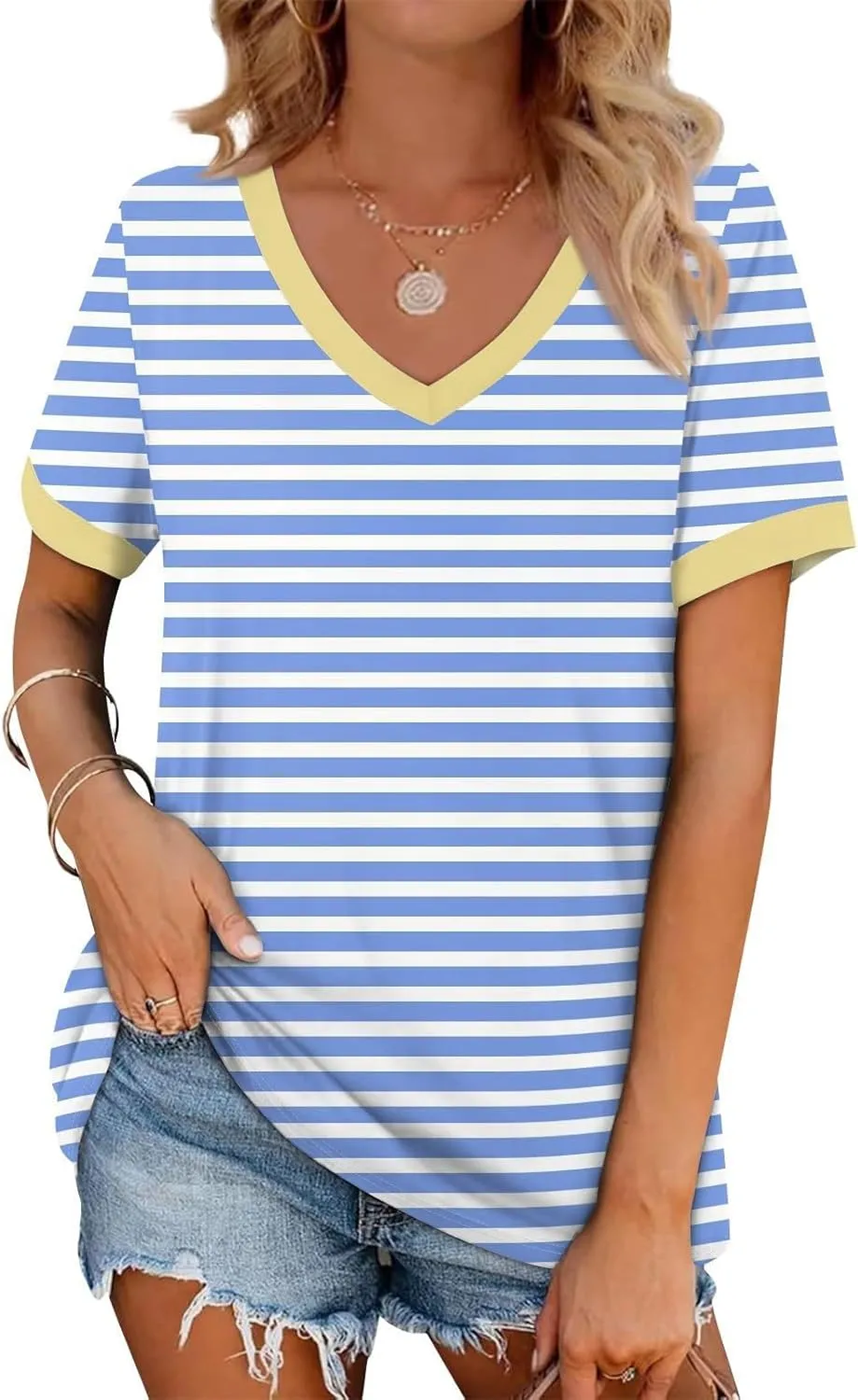Womens Tops Short Sleeve Striped V Neck T Shirts Loose Fit Casual Basic Tees 2024 Daily Trendy Summer Tops