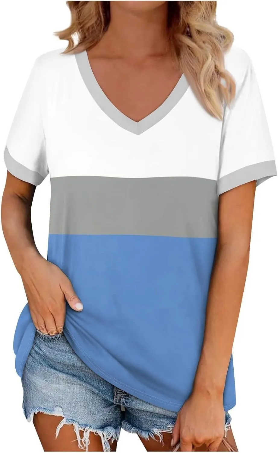 Womens Tops Short Sleeve Striped V Neck T Shirts Loose Fit Casual Basic Tees 2024 Daily Trendy Summer Tops
