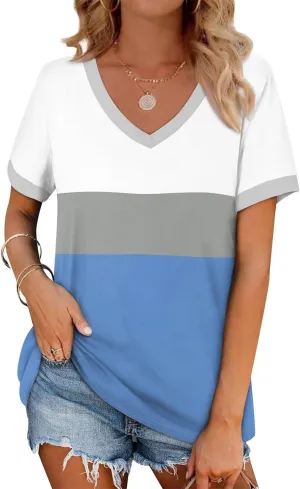 Womens Tops Short Sleeve Striped V Neck T Shirts Loose Fit Casual Basic Tees 2024 Daily Trendy Summer Tops