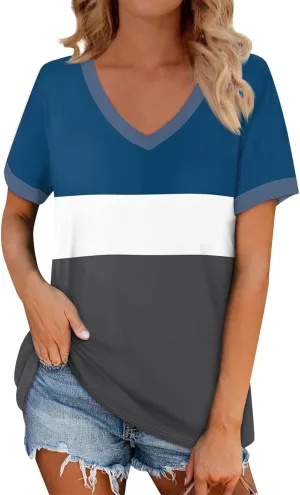 Womens Tops Short Sleeve Striped V Neck T Shirts Loose Fit Casual Basic Tees 2024 Daily Trendy Summer Tops