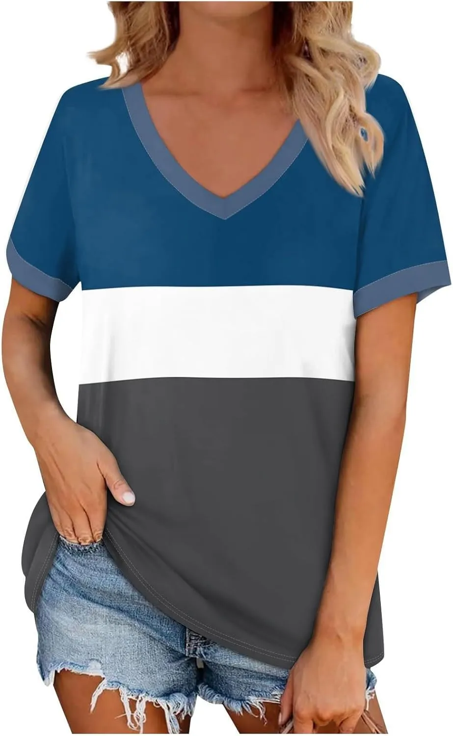 Womens Tops Short Sleeve Striped V Neck T Shirts Loose Fit Casual Basic Tees 2024 Daily Trendy Summer Tops
