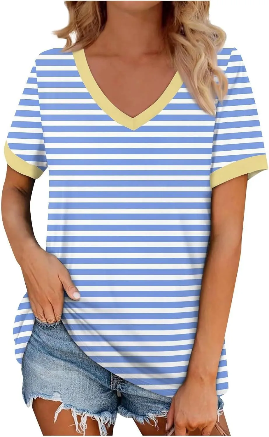 Womens Tops Short Sleeve Striped V Neck T Shirts Loose Fit Casual Basic Tees 2024 Daily Trendy Summer Tops