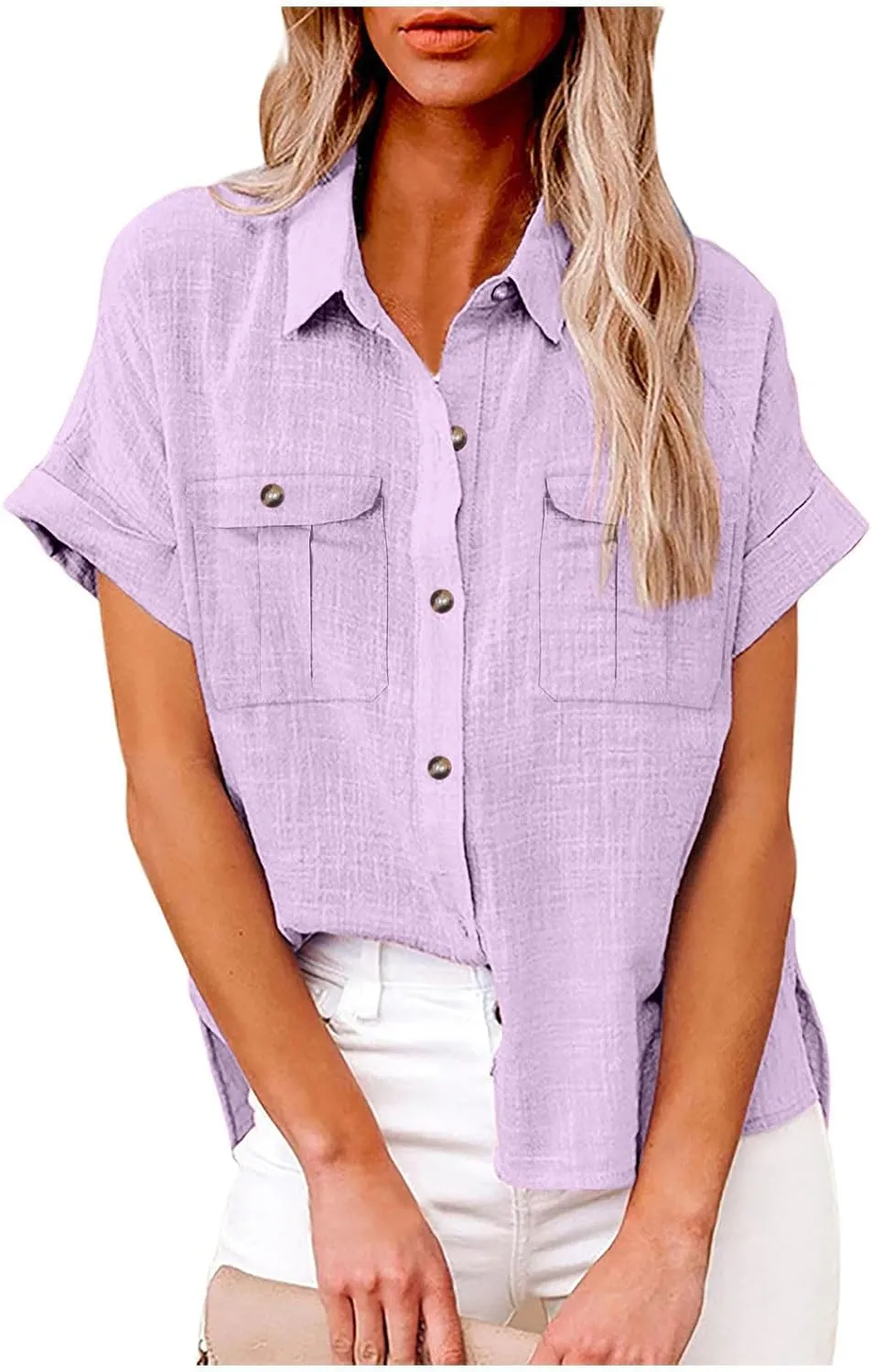 Womens V Neck Short Sleeve Button Down Shirts Trendy Casual Business Basic Tees Daily Going Out Ladies Summer Tops