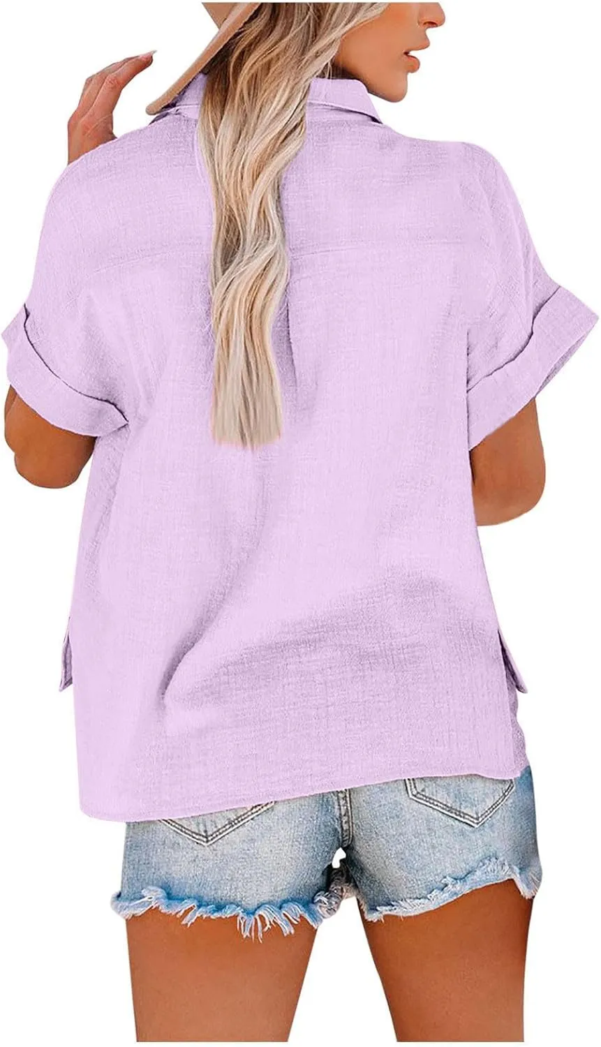 Womens V Neck Short Sleeve Button Down Shirts Trendy Casual Business Basic Tees Daily Going Out Ladies Summer Tops