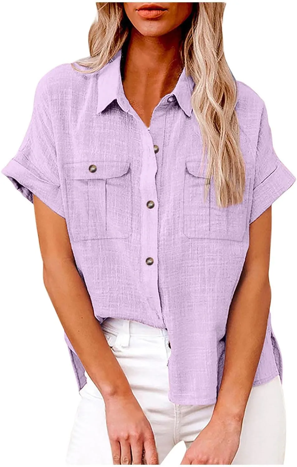 Womens V Neck Short Sleeve Button Down Shirts Trendy Casual Business Basic Tees Daily Going Out Ladies Summer Tops