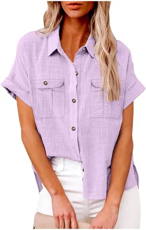 Womens V Neck Short Sleeve Button Down Shirts Trendy Casual Business Basic Tees Daily Going Out Ladies Summer Tops