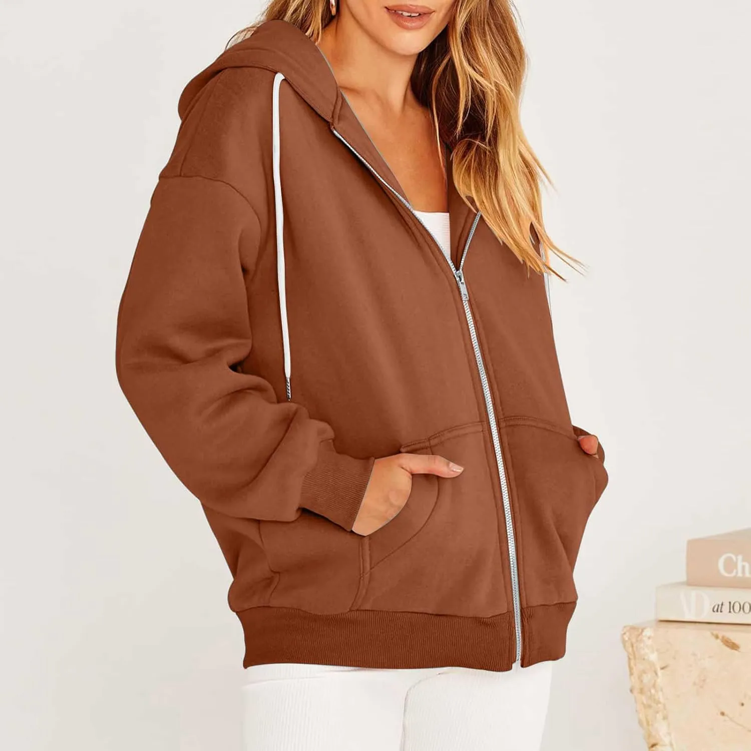 Womens Zip Up y2k Hoodies Fall Fashion Oversized Long Sleeve Hooded Sweatshirt Casual Lightweight Jacket With Pockets