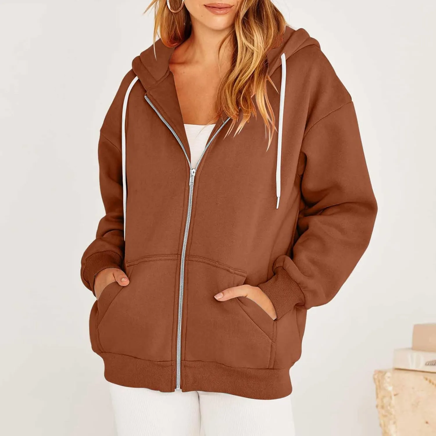 Womens Zip Up y2k Hoodies Fall Fashion Oversized Long Sleeve Hooded Sweatshirt Casual Lightweight Jacket With Pockets