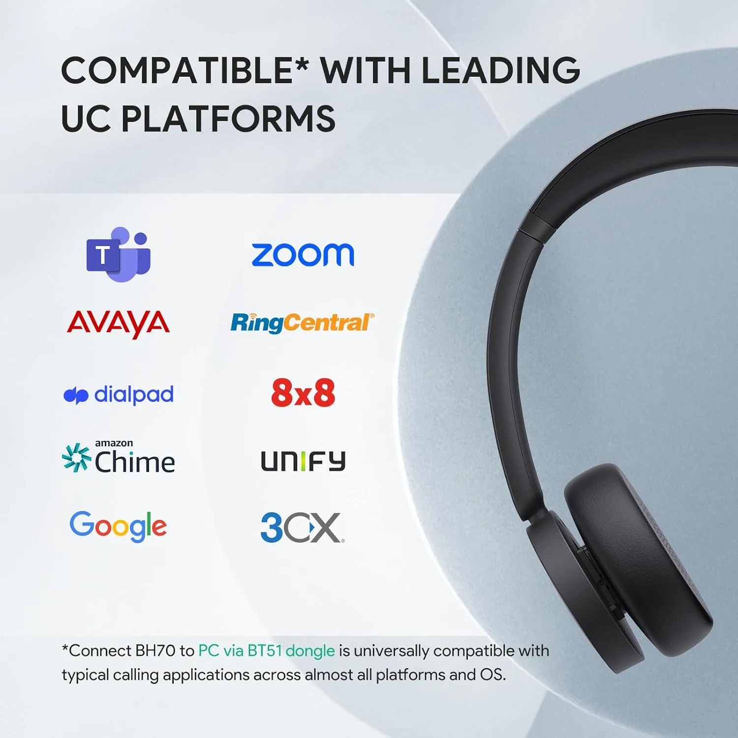 Yealink BH70 UC Wireless Bluetooth Headset with Microphone for Work, up to 35h Talking Battery, Teams UC Compatible Headsets for Computer Mobile, 147g Lightweight Headphone for Open Office 50m Range