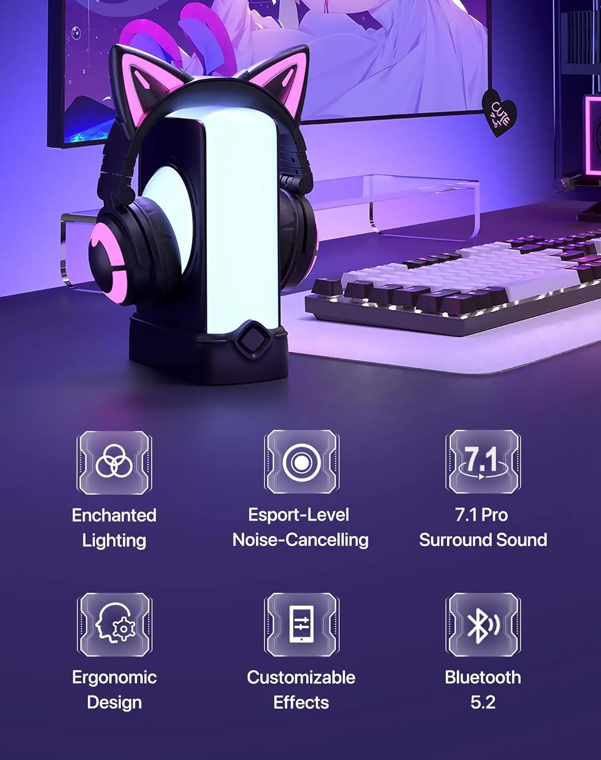 YOWU Cat Ear Headphones CE, Wired/Wireless Gaming Headsets with Seamless Live Sound Experience for PC/PE/Switch/PS4/PS5, Built-in Mic & Customizable RGB Light Effect for Anime Lovers(Black)