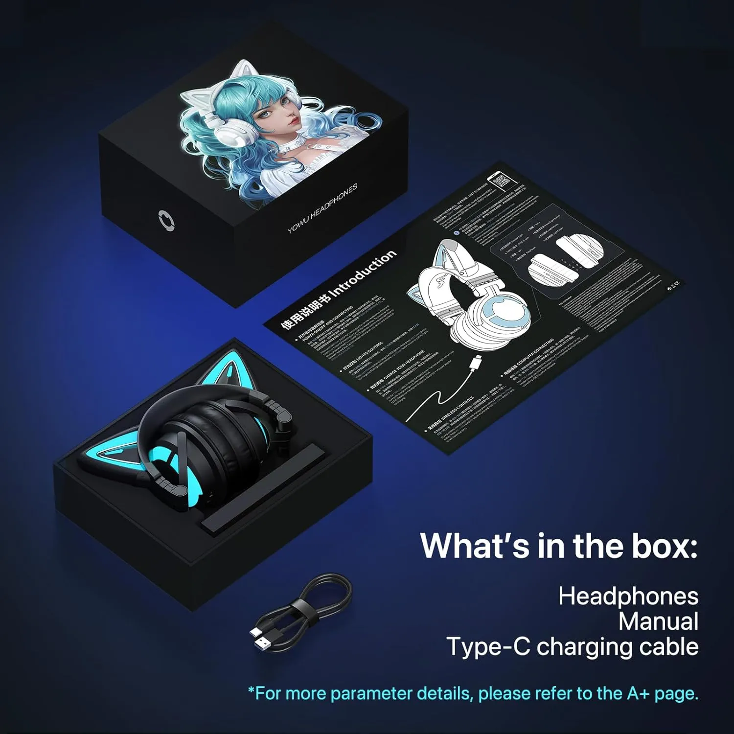 YOWU Cat Ear Headphones CE, Wired/Wireless Gaming Headsets with Seamless Live Sound Experience for PC/PE/Switch/PS4/PS5, Built-in Mic & Customizable RGB Light Effect for Anime Lovers(Black)