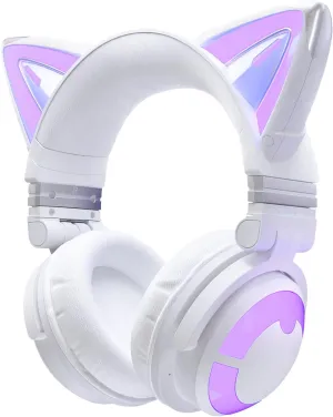 YOWU Cat Ear Headphones CE, Wired/Wireless Headphones with Seamless Live Sound Experience for PC/PE/Switch, Built-in Mic & Customizable RGB Light Effect for Anime Lovers(White)