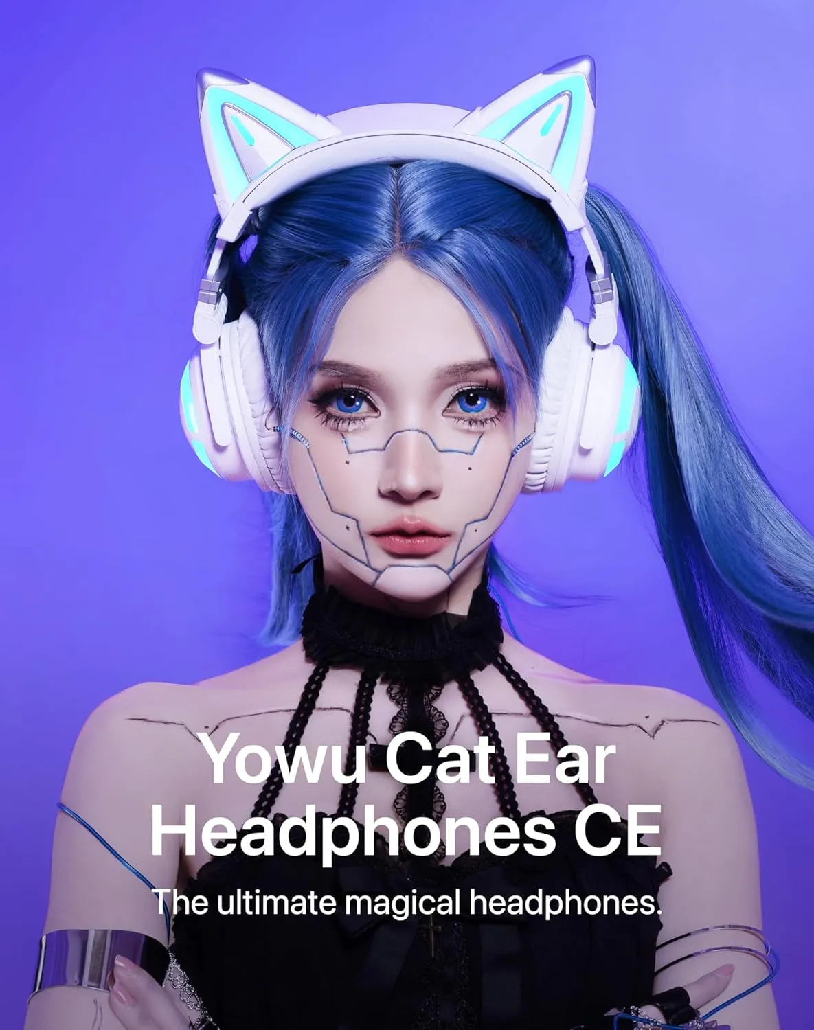 YOWU Cat Ear Headphones CE, Wired/Wireless Headphones with Seamless Live Sound Experience for PC/PE/Switch, Built-in Mic & Customizable RGB Light Effect for Anime Lovers(White)