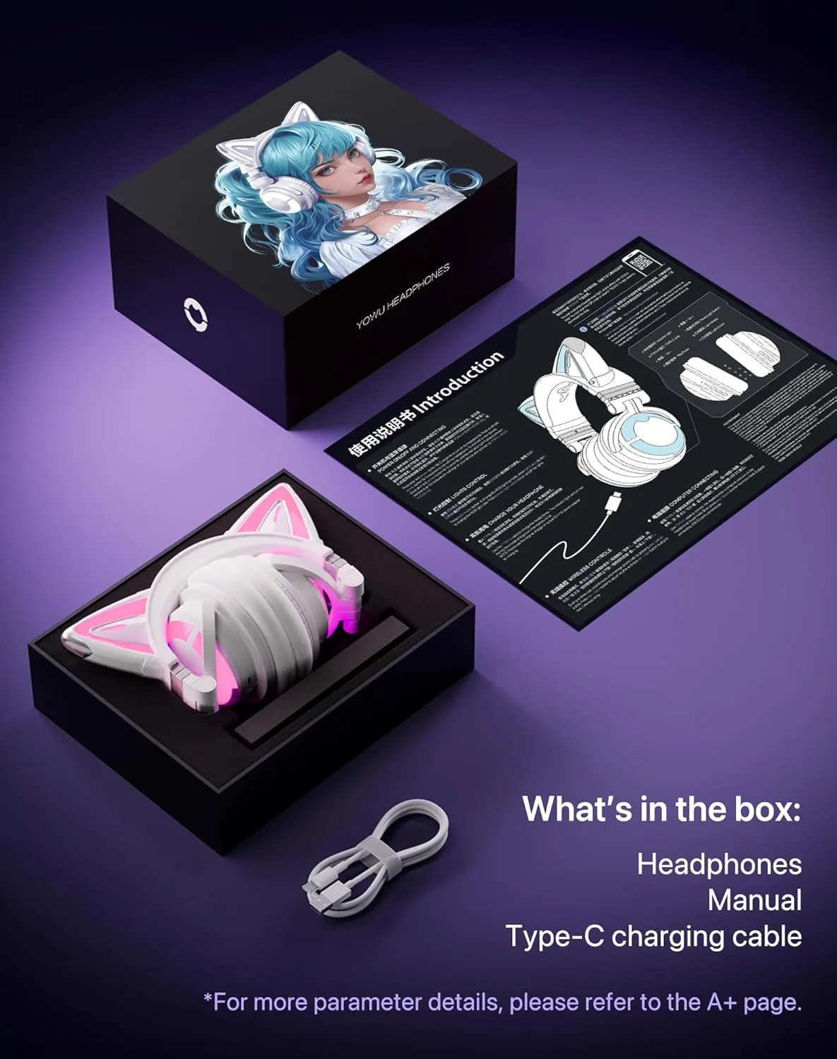 YOWU Cat Ear Headphones CE, Wired/Wireless Headphones with Seamless Live Sound Experience for PC/PE/Switch, Built-in Mic & Customizable RGB Light Effect for Anime Lovers(White)
