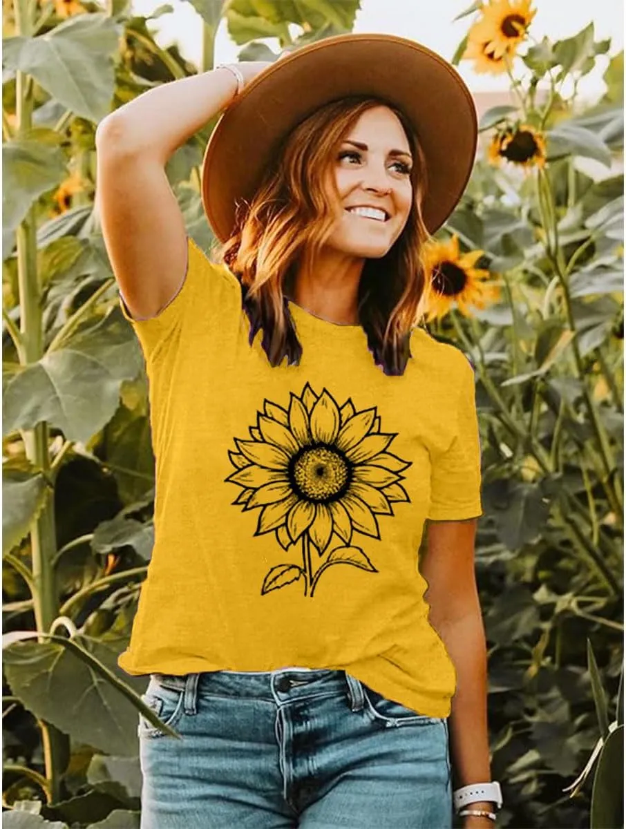 ZWSYXL American Flag Sunflower Shirts Women 4th of July Graphic Tees Patriotic T-Shirts USA Flag Star Stripe Tops